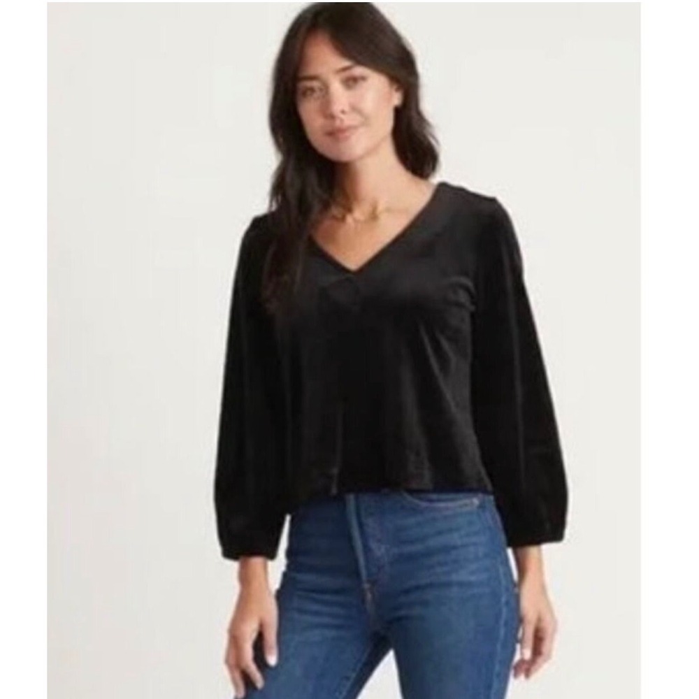 MARINE LAYER Black Jasmine Velour V-Neck Top Long Sleeve Size XS Holiday NYE - Picture 9 of 11
